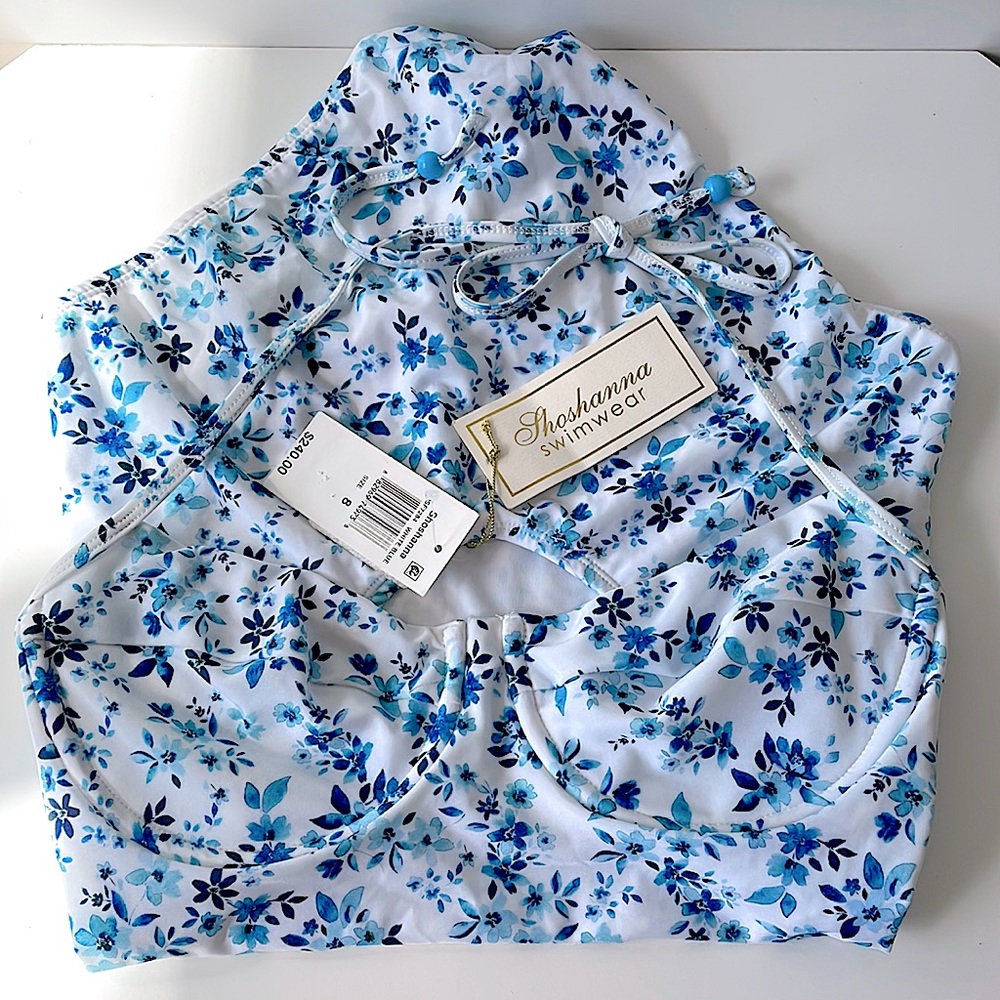 NWT Shoshanna onepiece halter swimsuit cutout back underwire blue white (8) $240